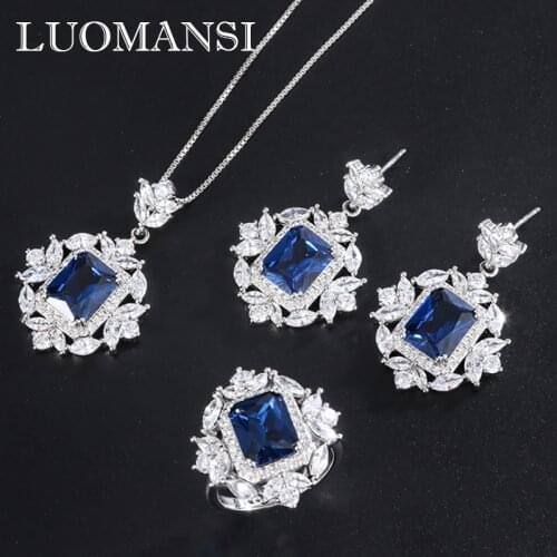 Luomansi Luxury S925 Sterling Silver Square Sapphire Jewelry Set Ring / Earrings / Pendant Necklace Party Birthday Gift