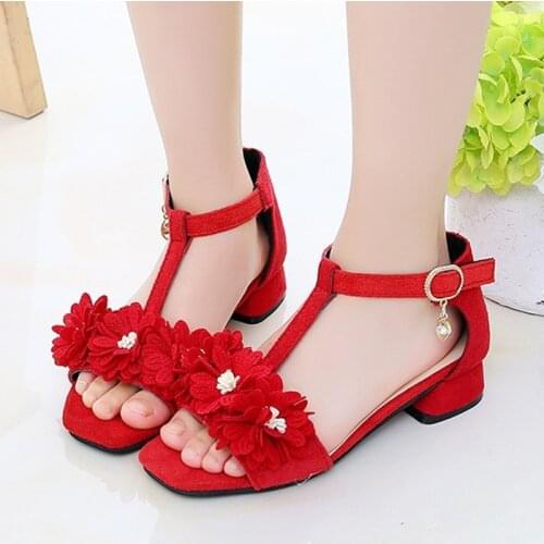 Fashion Kids Sandals Summer Big Girls flower Princess Shoes for Wedding And Party Dance Student performance shoes pink Red black