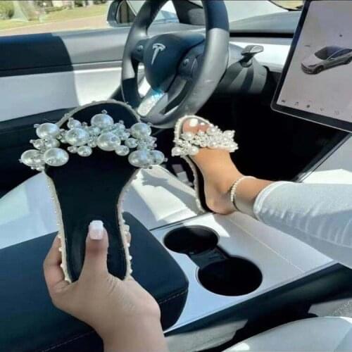 2021 Beach Sandals Non-slip New Sandals Fashion Pearl Decoration Women Sandals Slippers Square Toe Slides Summer Lady Outdoor