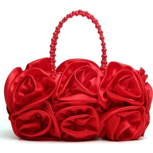 Embroidery Evening Women Flowers Bags Red Bride Wedding Totes Bag Pearls Satin Handbag Zipper Small Bag Sac Main Femme