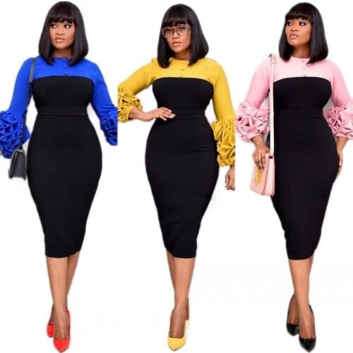 African Long-Sleeved Dress Urban Casual Womens Dresses Solid Color Round Neck Slim Pencil Skirt Summer Womens Dress 2021 S-3XL