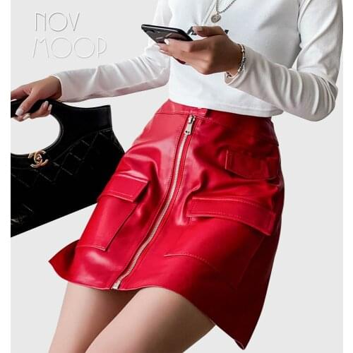 Novmoop colored genuine leather sheepskin women skirt pocket decor lolita style A line Jupe en cuir LT3478