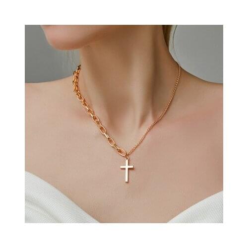 Fashion Female Chain Gold Color Cross Pendant Asymmetry Link Chain Necklace Jewelry For Women Wholesale