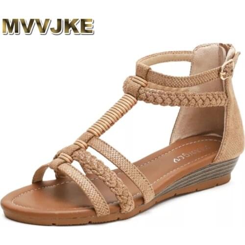 MVVJKE 2021 Spring and Summer New Bohemian Ethnic Wind Rhinestones Retro Roman Thick-soled Tourism Vacation Wedge Sandals Women