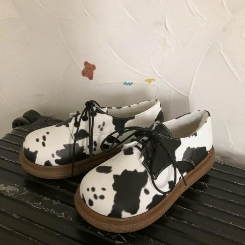 Japanese Designer Women Lolita Cow Print Shoes Girls Leather Round Toe Shoes Winter Velvet Thick Heels Casual Vintage Platform