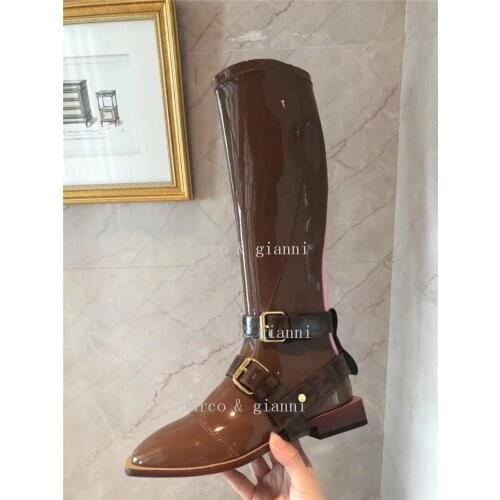 Knee High Boots Women Genuine Patent Leather Flat Heel Back Zipper Round Toe Lady Winter Fashion Long Boots Handmade Ankle strap