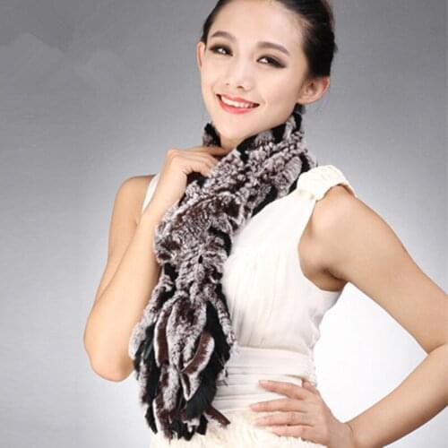 Autumn Winter Genuine Real Knitted Rex Rabbit Fur Muffler Women Fur Scarves with Tassels Neckwarmer VF0601