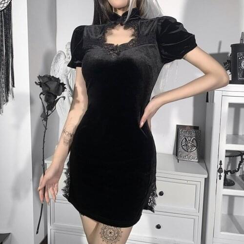 Goth Vintage Sexy Summer Dress For Women Velvet Puff Sleeve Black Lolita Dress Cut Out Split Aesthetic Club Party Dress