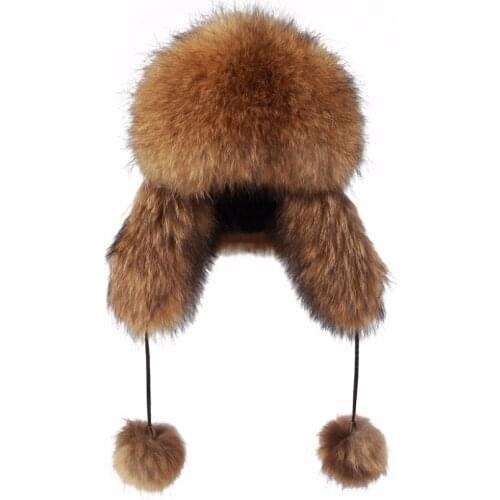 ZY84014 Fashion Ladies' Genuine Raccoon Fur Trapper Cap Fur Hats Caps With Earflap Winter Women Fur Beanies Female Headgear