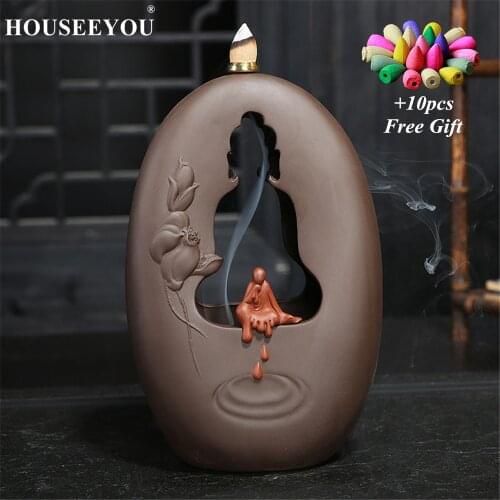 10 Incense Cones + Porcelain Buddha Monk Incense Burner Ceramic Backflow Tower Aroma Censer Creative Home Decor Buddhism Crafts