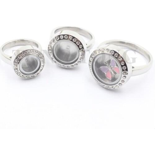 16.5mm/18mm/22mm 316L Stainless Steel Screw-off Czech Crystals Living Charm Locket Ring (locket size: 15mm/17mm/20mm)
