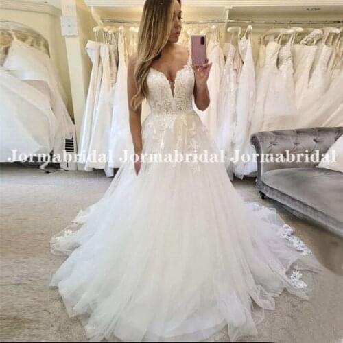 2021 Vestido De Noiva A-Line V Neck Wedding Dresses Romantic Lace Appliqued Bridal Dress Custom Made Plunging Tulle Wedding Gown