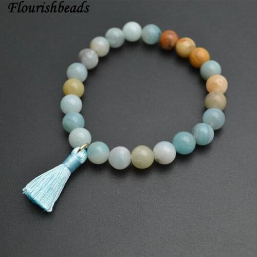 Natural Mix Color Amazonite 8mm Stone Round Beads Tassel Charm Bracelet Fashion Woman Jewelry 6pc per lot