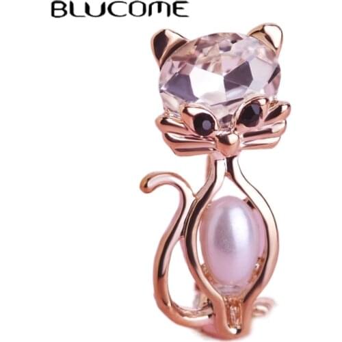 Blucome Pearl Zircon Cat Brooches Crystal Wedding Jewelry Accessories Corsage Pin Up Animal Broches Cats Women Collar Clip