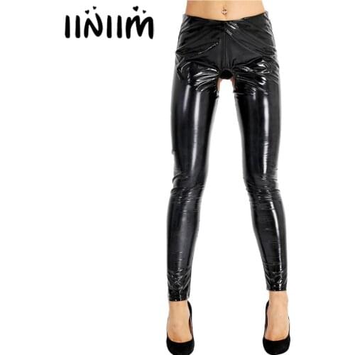 Black Women Lingerie Wet Look Patent Leather Open Crotch and Open Butt Pants Skinny Stretchy Legging Clubwear Sexy Trousers