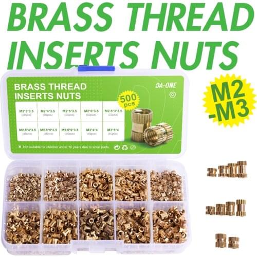 DA-ONE 250/500 Pcs M2 M2.5 M3 Female Thread Brass Knurled Threaded Insert Embedment Nuts Assortment Kit I Knurl Nuts Set