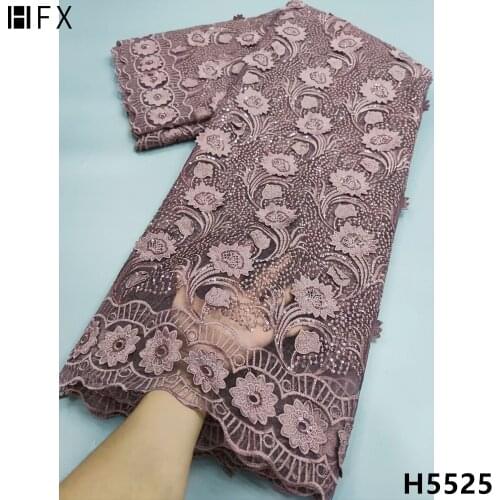 HFX Brown French Lace With Sequins African Lace 2021 High Qaulity Embroidered Tulle Lace Fabric Nigerian Lace For Dress X5525