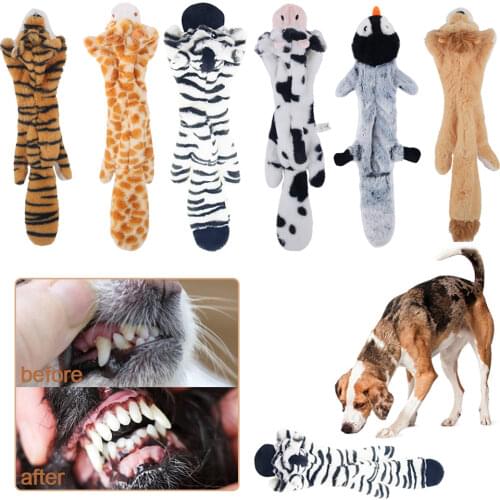 Cute Plush No-Stuff Pet Dog Squeaky Toy Training Play Teasing Chew Whistling Doll Animal Tiger Cow Interactive Sound Accessory