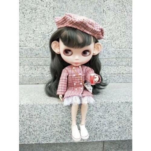One-sixth fashion pink plaid Blythes doll dress salsa coat + pink slim belt + pink plaid hat super cute new 3 pieces suit