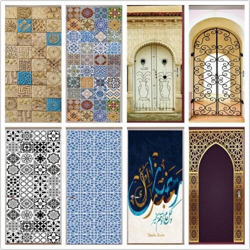 3D Tile Door Sticker Home Decor Vinyl Self-adhesive Mural Poster Arabic Style Retro Pottery Decal Stickers Porte Doors Wallpaper