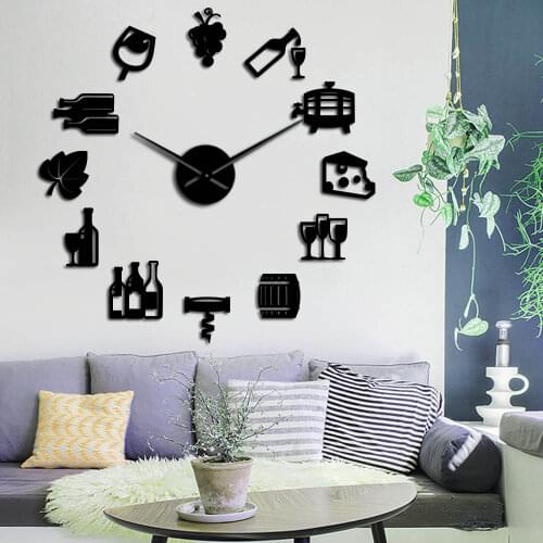 Grapes Wine Alcohol 3D DIY Wall Clock Quiet Sweep Wine lover Kitchen Wall Decor Acrylic Mirror Effect Clock Watch Creative Show