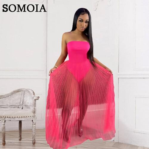 Solid Color Summer Womens Clothing Sexy Sleeveless One Piece Wrap Chest Personality Perspective Mesh Nightclub Party Dress