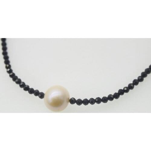 Freshwater pearl white round and black spinel chocker necklace 16.5inch wholesale beads nature FPPJ woman 2018