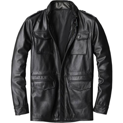 Casual Winter Military Trench Coats Mens Cowhide Coats Oversized Men Coats Genuine Leather Overcoat High Quality Mens Streetwear