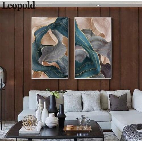 Modern Nordic Golden Blue Green Line Canvas Painting Abstract Luxury Ribbon Poster Print Living Room and Bedroom Wall Decor