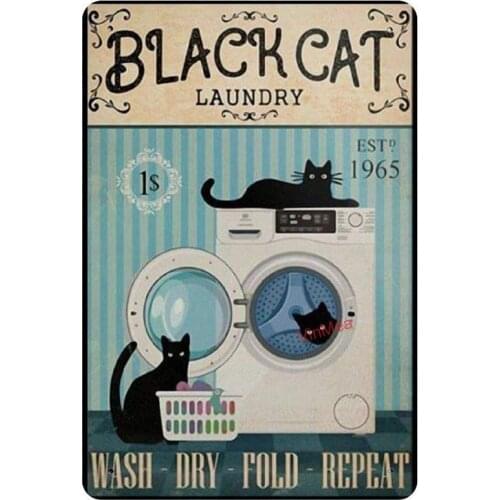 Vintage Poster Metal Sign Black Cat Laundry Wash Dry Fold Repeat Poster Vintage Looking Reproduction Metal Sign 8" X 12"
