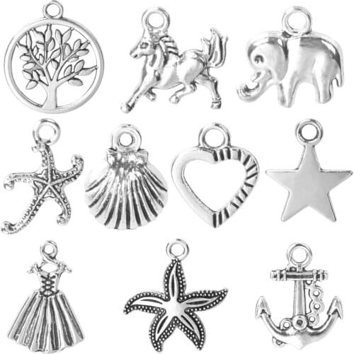 Vintage Alloy Sea Starfish Star Conch Shell Anchor Charm Life Of Tree Elephant Pendant For Necklaces Bracelet Jewelry Making
