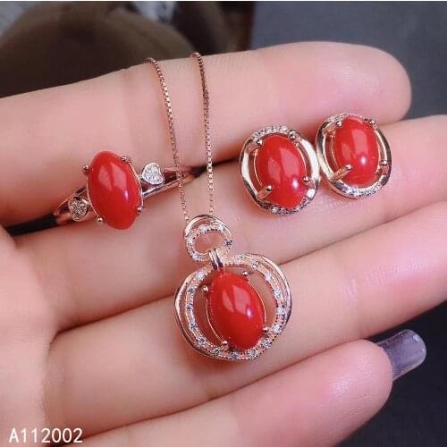 KJJEAXCMY fine jewelry natural red coral 925 sterling silver new women pendant earrings ring set support test luxury fashion
