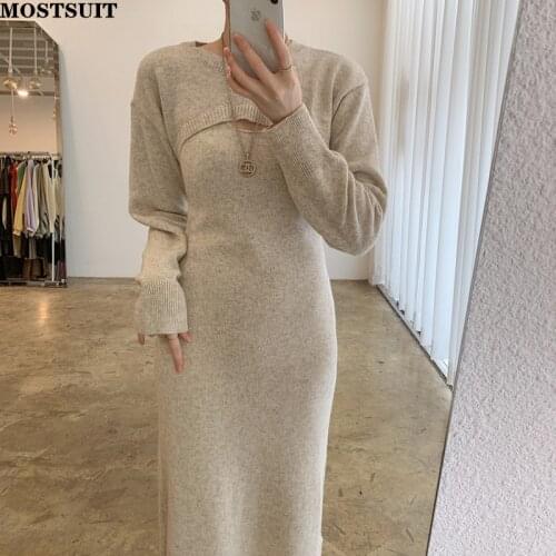 Chic Stylish Knitted Two Piece Dress Set Women Short Pullover + Sleeveless Long Pencil Dress Matching Set Solid Elegant Set 2021