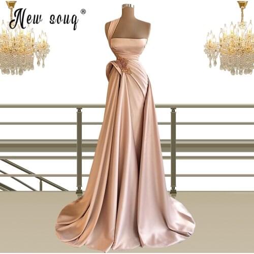 Sweet Blush Pink Pearls Prom Gown with Split Side Newest Pleated Beading Mermaid Evening Dress Women Long Robes robe de soiree