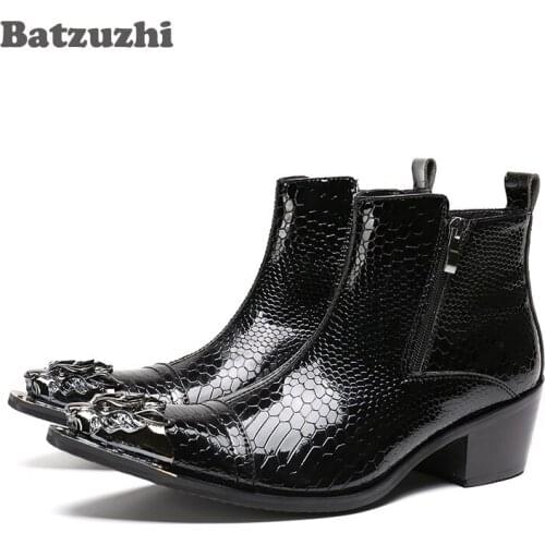 Bauzuzhi Fashion Classic Men Genuine Leather Boots Pointed Toe Black Ankle Boots Men Height Increased Dress Botas Plus Size US12