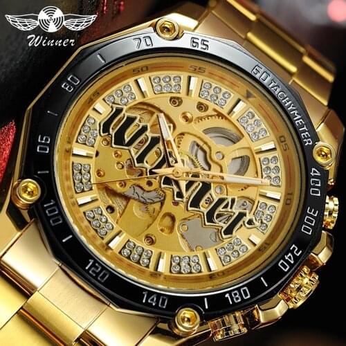 Winner Golden Automatic Watch Men Hiphop Crystal Iced Out Mechanical Mens Watches Top Brand Luxury Skeleton Steel Wristwatches