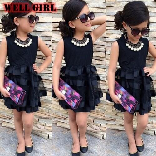 Black little dress baby girls mesh stitching sleeveless elegant party wedding dresses vestidos toddler kids princess 1 to 8 yrs