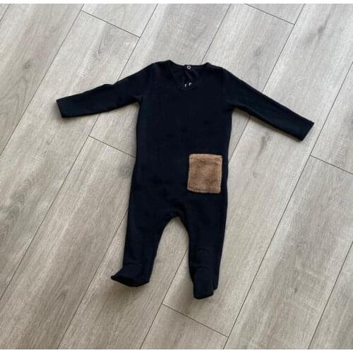 Baby girls boys black color fur pocket foot-covered stretchy infant toddler kids romper quality children clothing