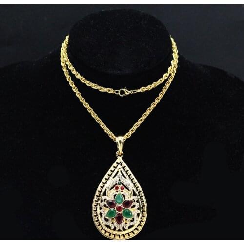 Personality Gold Plated Water Drop Morocco Necklace Hollow Carved Flower Anniversary Necklace Gems Long Chain Hip Hop Jewelry