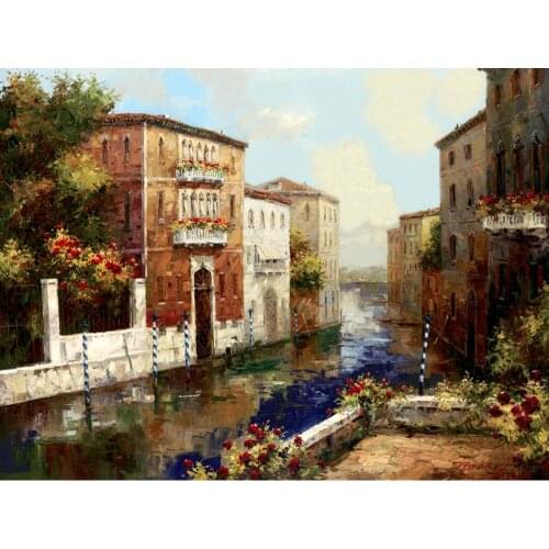 Hand painted oil paintings village Landscapes Sleepy Canal canvas art Mediterranean artwork for wall decor