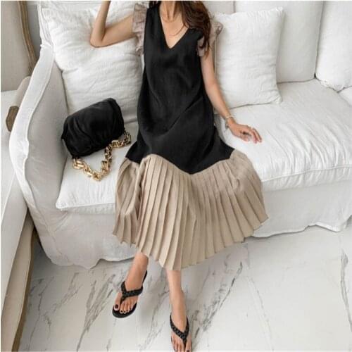 Korea Loose and Thin Contrast Color Stitching Pleated Flying Sleeve Dress