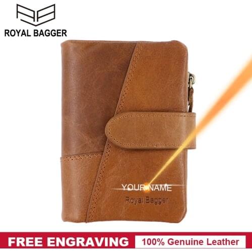 Royal Bagger Short Wallets for Men Genuine Cow Leather RFID Blocking Purse Man Retro Fashion Zipper Coin Pocket Card Holder