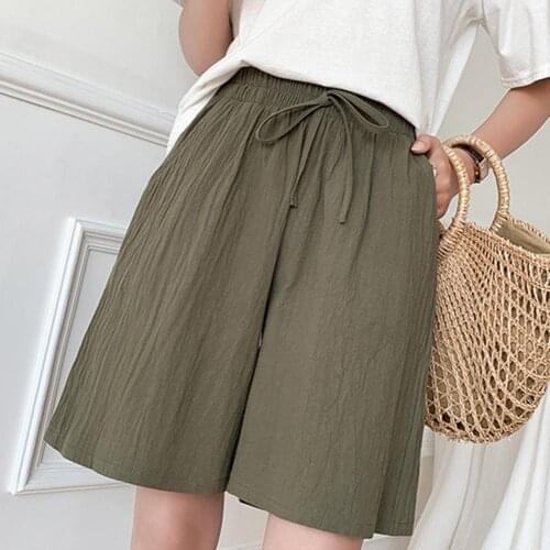 Summer Women Shorts Plus Size Lady Shorts Solid Color Knee Length Bottoms Loose Side Pocket High Waist Short Women Plus Size