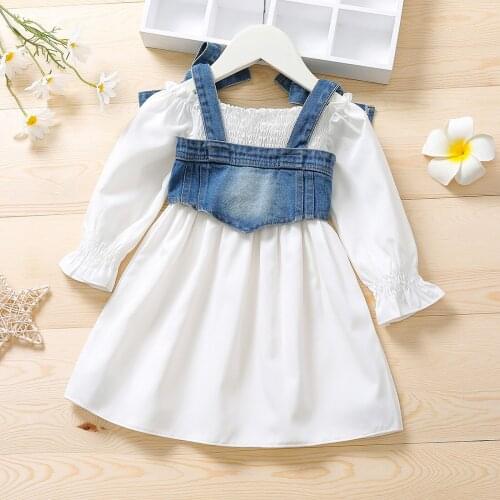 2Pcs Fashion Kids Girls Off Shoulder Long Sleeve White Dress + Denim Corset Vest 2021 Summer Autumn Baby Clothes Set 0-6Y