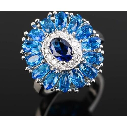 Fashion Blue Crystal Rings Stone Petals Sunflower Ring Engagement Couples Wedding Rings For Women Jewelry Gift For Men H895