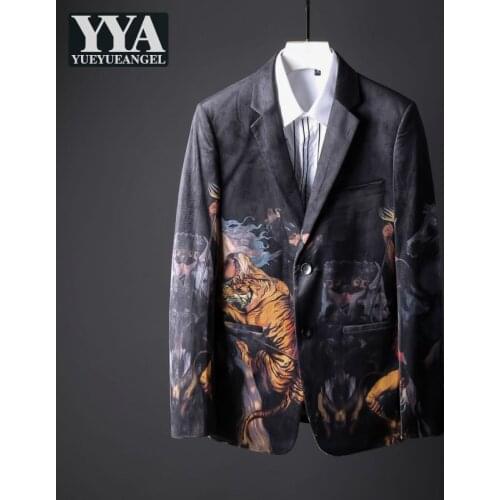 Autumn Winter Mens Smart Casual Velvet Blazer Fashion Design Personality Printed Pattern Slim Fit Single Breasted Suit Jacket