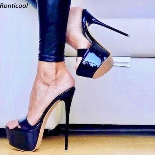 Ronticool Handmade Women Mules Sandals Slippers Unisex Patent Sexy Stiletto Heels Open Toe Pretty Black Party Shoes US Size 5-20