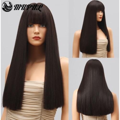 Womens Long Straight Brown Daily Synthetic Wigs For Black White Women With Bangs Cosplay Natural Heat Resistant Fiber Hair Wig