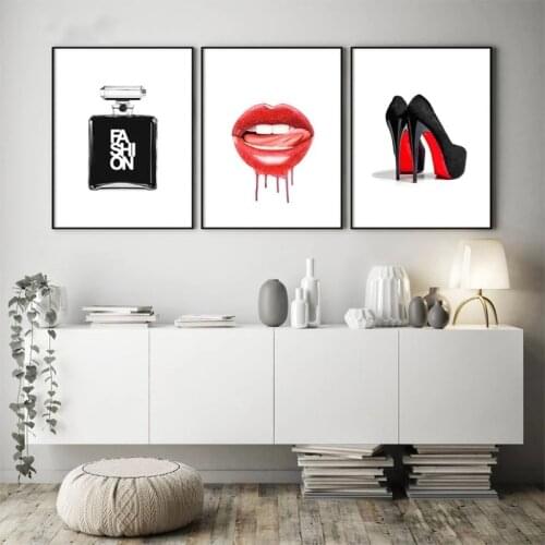 Perfume Bottle Posters and Prints Make Up Wall Art Red Lips Fashion Decoration Picture for Bedroom Popular Poster Home Decor