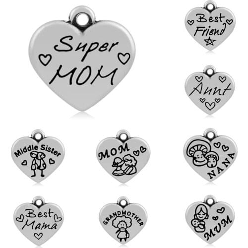 GLOWCAT 24 Styles Best Family Mom Charms Titanium Steel Letter Charms Heart Pendants Jewelry Making DIY Bracelet Accessories